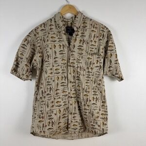 Woolrich Vintage Fly Fishing Print Button Up Short Sleeve Mens Shirt M Retro 90s